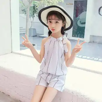 套装中大童时尚休闲条纹雪纺吊带短袖t恤短裤两件套夏天小女孩衣服