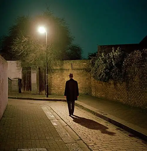 男人,软毡帽,帽子,雨衣,走,鹅卵石,街道,夜晚,亮光,长,影子,伦敦,英国