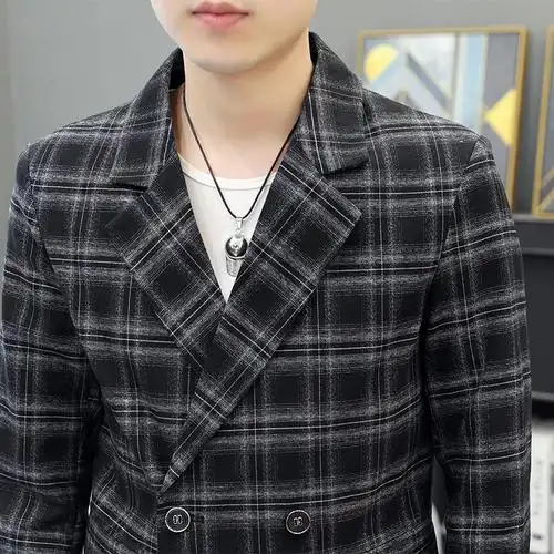 男士商务休闲西服格子外套潮流阔版单西青年帅气西装单件上衣男装 klg