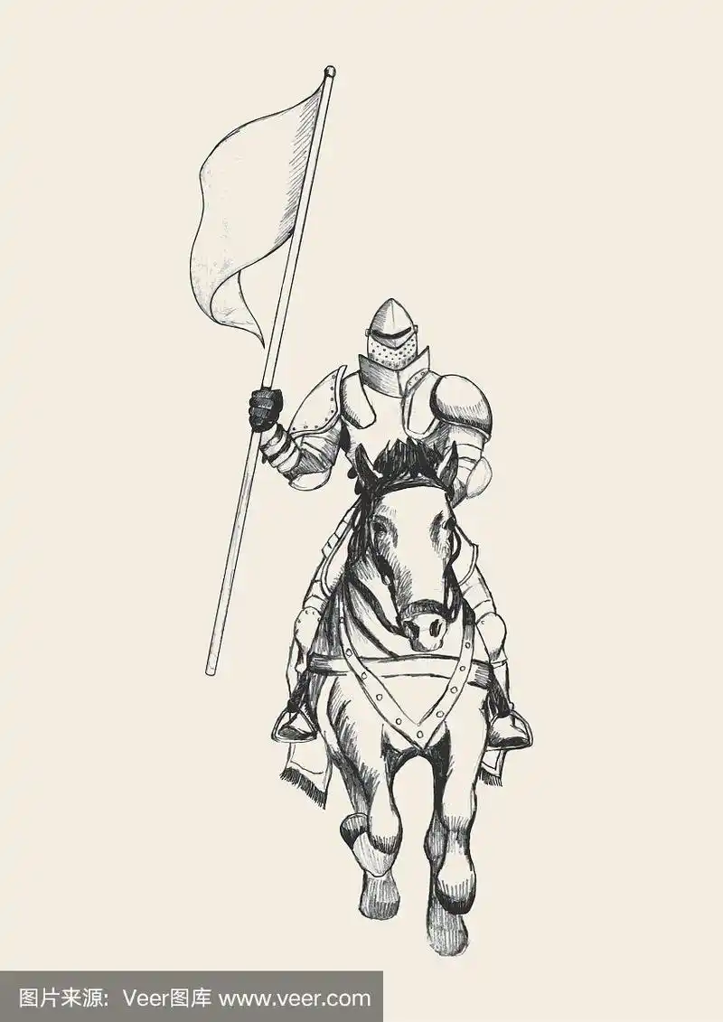 中世纪骑在马上手持旗帜的骑士