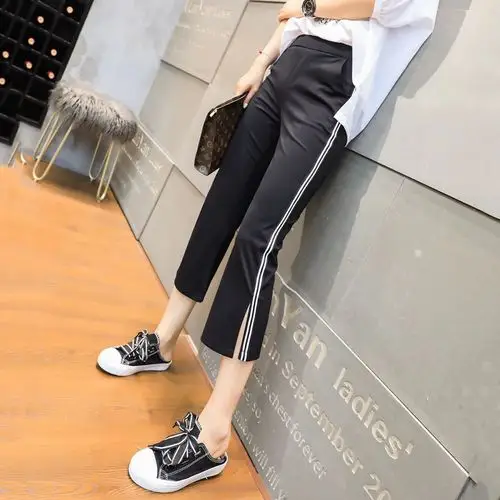 休闲七分裤女夏薄款2021新款冰丝显瘦运动直筒裤九分微喇开叉裤子