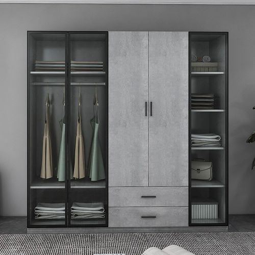 大衣柜平开门衣柜北欧卧室衣柜储物柜 五门 铝框玻璃门-岩石灰色-长2m