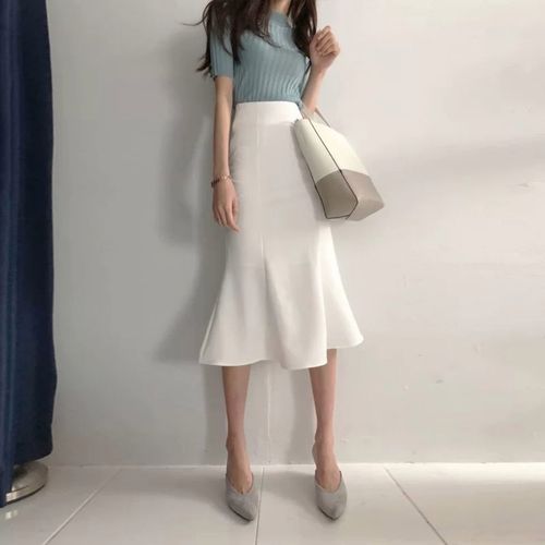 高腰鱼尾裙2021春夏新款裙子中长款包臀群荷叶边裙子百搭半身裙女