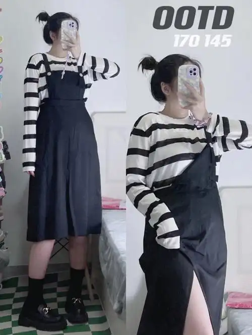 五一出行穿搭145斤大码背带裙纸片人套装