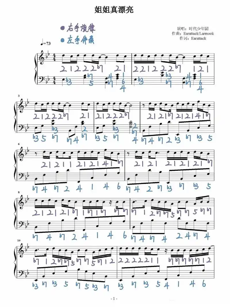 tnt时代少年团《姐姐真漂亮》钢琴谱(附简谱)～|||调号: - 抖音