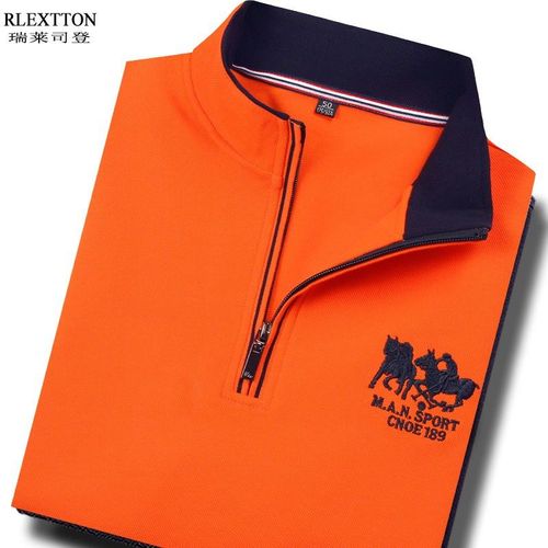 春秋季立领半拉链长袖t恤男装高领polo衫体恤保罗上衣橙色橘色潮