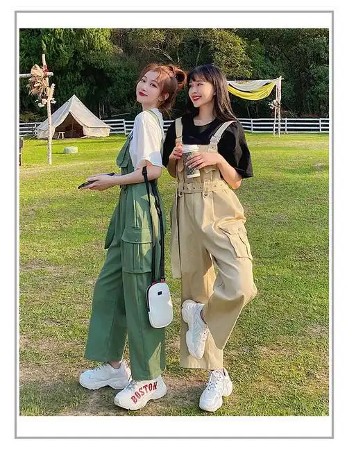 夏季网红闺蜜装套装裤女学生韩版短袖t恤高腰背带直筒裤子两件套白色