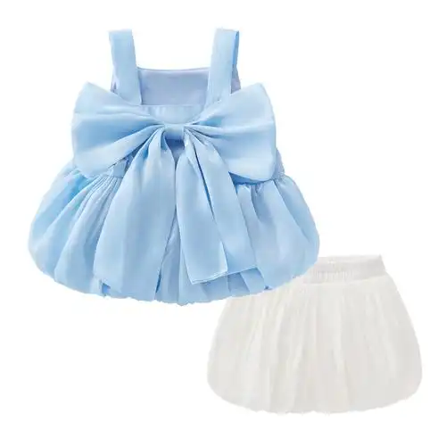 24年夏季新款婴幼儿童装 1-3岁女宝宝可爱清爽蓝吊带 白色裤套装