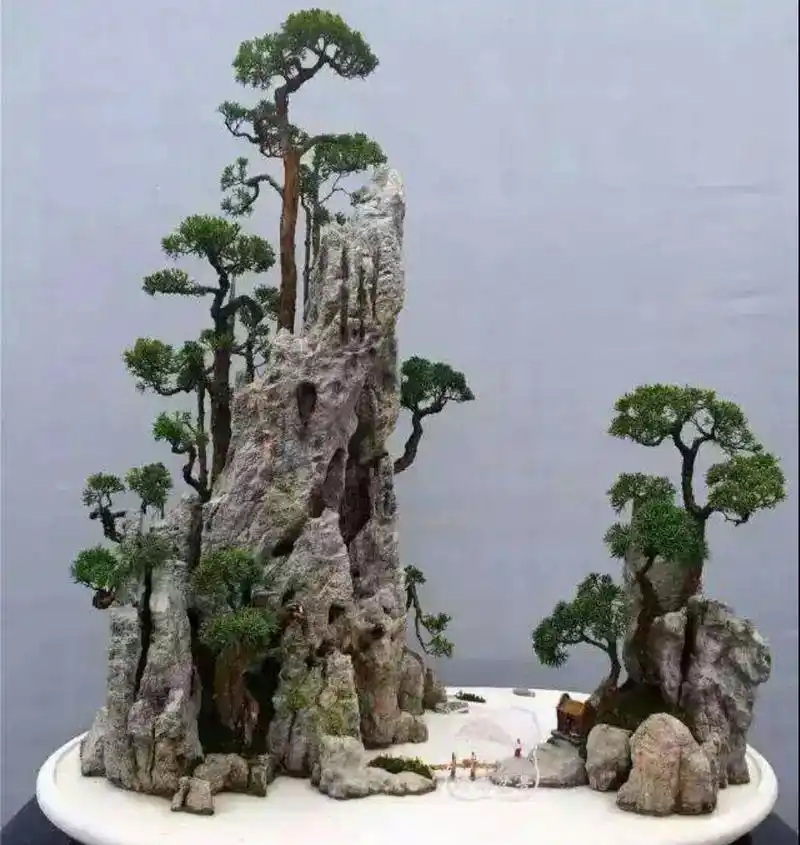 山水盆景主要凸出诗情画意,并非简单的拼凑而成,要经过合理的组合排列