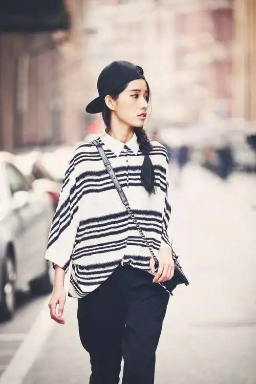 15春夏原创刘雯同款欧美街拍印花雪纺衬衫蝙蝠袖宽松条纹雪纺衫