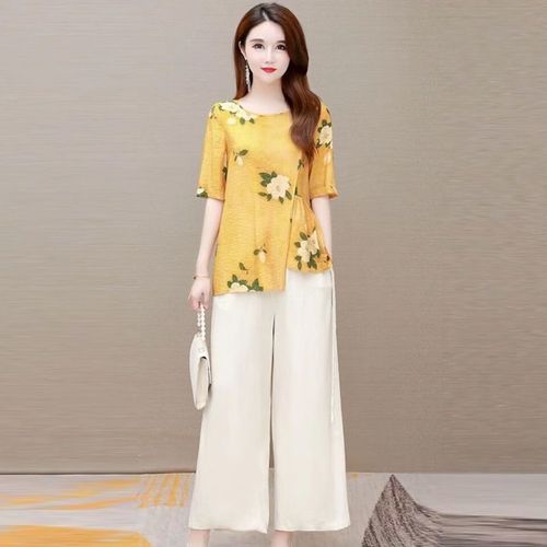 hu)小个子妈妈套装夏天40到50岁中年妇女妈妈夏季棉麻套装新款大码洋