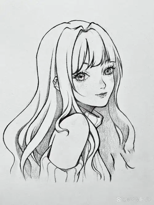 黑白动漫画手绘女孩临摹步骤图 精致少女漫画手绘线稿 96动漫绘画