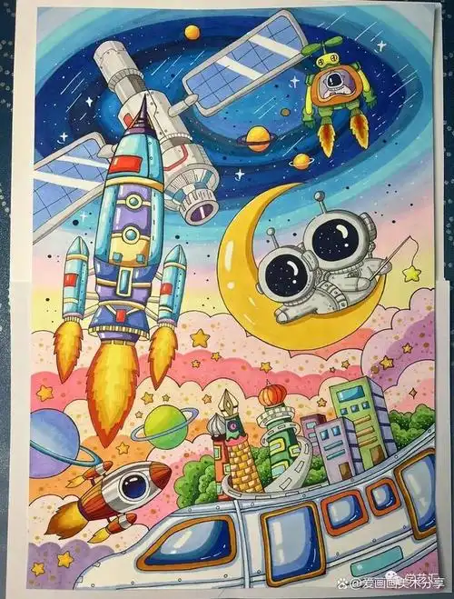 50张~创意美术儿童获奖范画,很值得初学者临摹,色彩都是高级感!