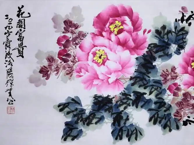 国画牡丹六尺八尺横幅图片当代著名牡丹画家王跃峰洛阳牡丹画家前十名