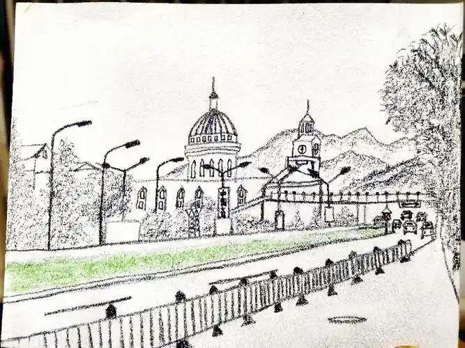 风景铅笔画素描建筑远处的教堂