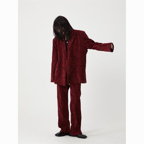 慵懒风气质休闲高级感御姐韩版纹理垫肩廓形暗红色小西装套装女