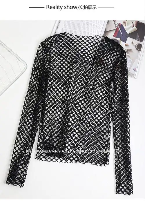 【新款2019】杨幂同款黑色渔网格网纱内搭打底衫女长袖透视镂空性感