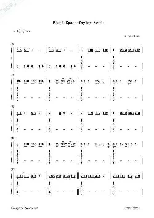 blank space-taylor swift-钢琴谱文件(五线谱,双手简谱,数字谱,midi