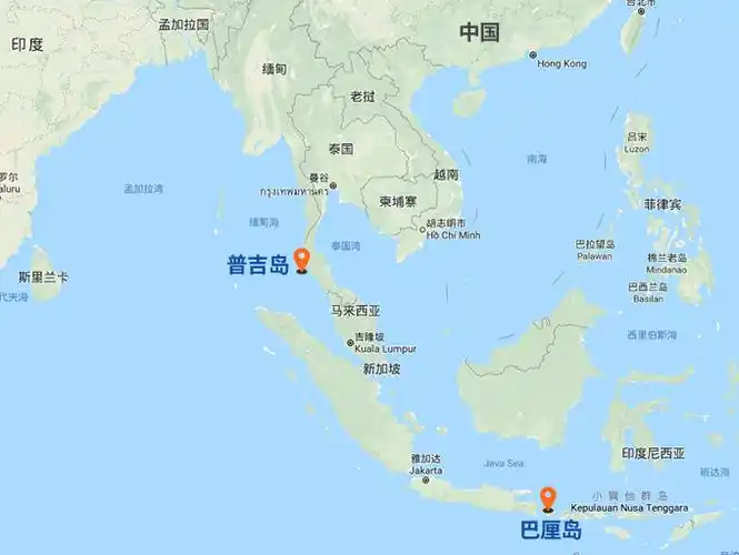 普吉岛和巴厘岛的位置.