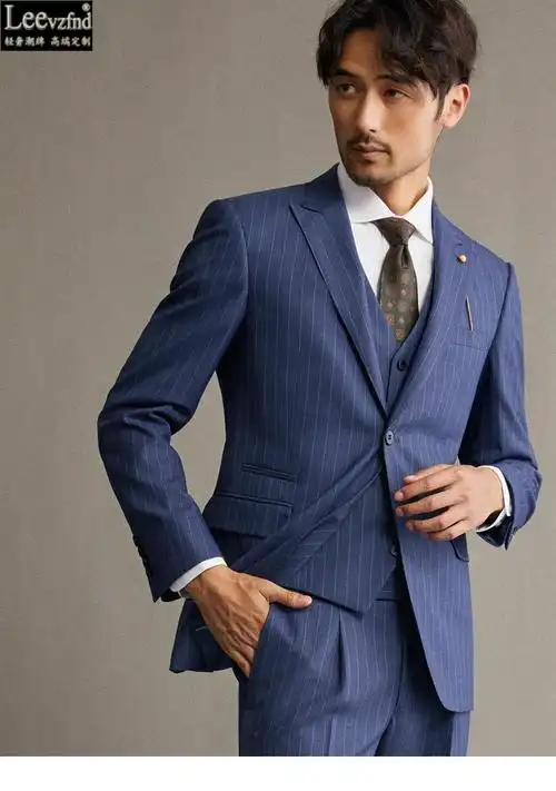 leevzfnd国际品牌轻奢男装西装男套装蓝色条纹西服外套修身新郎结婚