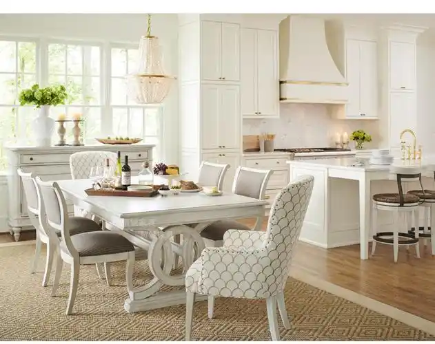 美式乡村复古长餐桌白色做旧长方形6人饭桌办公会议桌橡木大餐桌