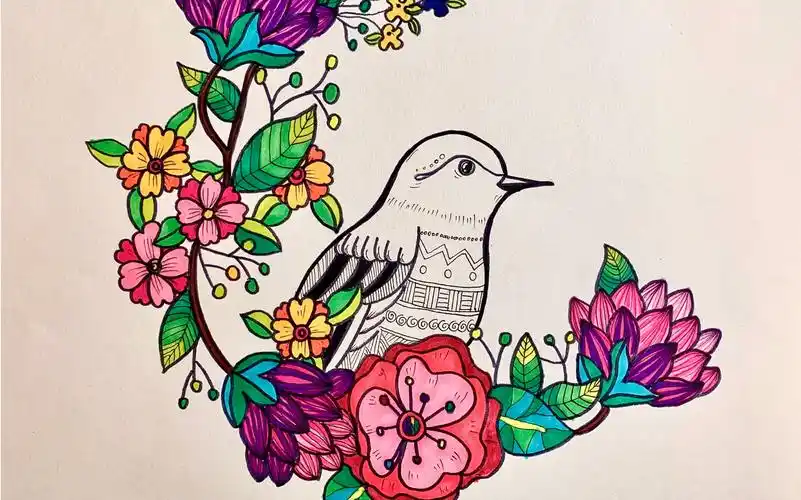 活动作品水彩插画春天鸟语花香