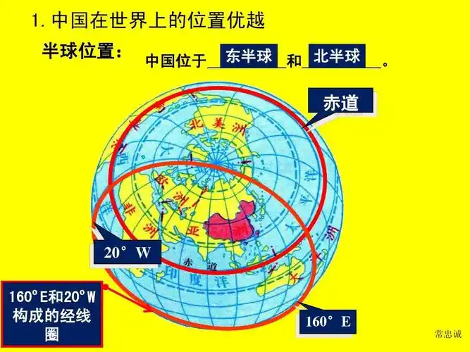 中国在世界上的位置优越 半球位置: 中国位于 东半球 和 北半球 .