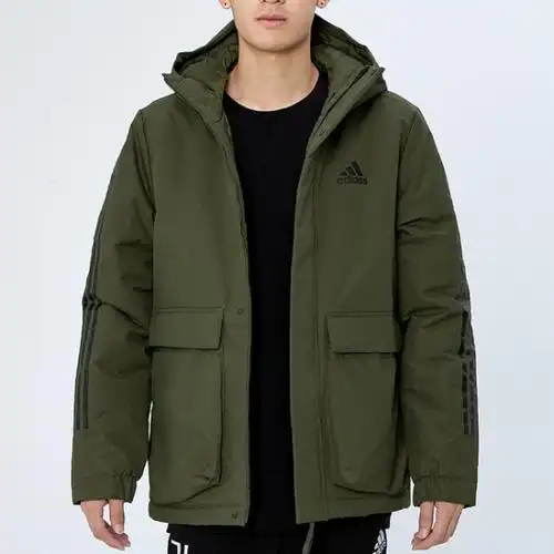 阿迪达斯adidas秋季新款外套男运动服保暖棉服棉衣军绿色夹克gt1691