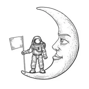 宇航员太空员与旗子在动画片月亮与面孔剪影雕刻向量例证.