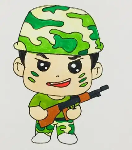 和衣服全部涂上迷彩服样式的颜色,这样,一位特种兵的简笔画就画好了