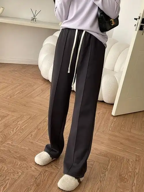 今年流行爆款裤子女春秋高腰垂感显瘦卫裤深灰色直筒休闲拖地长裤 - 1