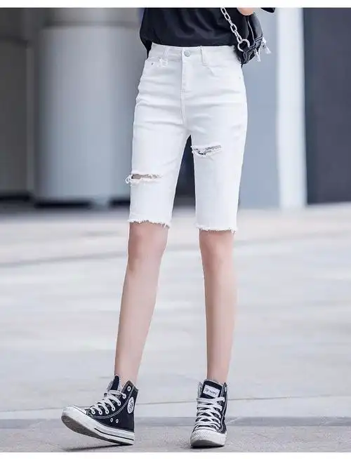 女装新款休闲五分裤女夏季破洞牛仔短裤女潮2021新款显瘦直筒高腰薄款