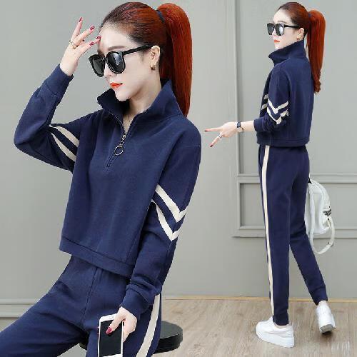 衣服套装女冬季春秋季新款大码套装胖mm宽松洋气运动服短款上 藏蓝色