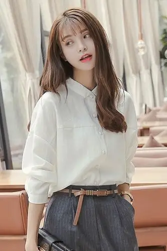 春秋季新款韩版宽松百搭纯色衬衣小清新学院风长袖打底白色衬衫女