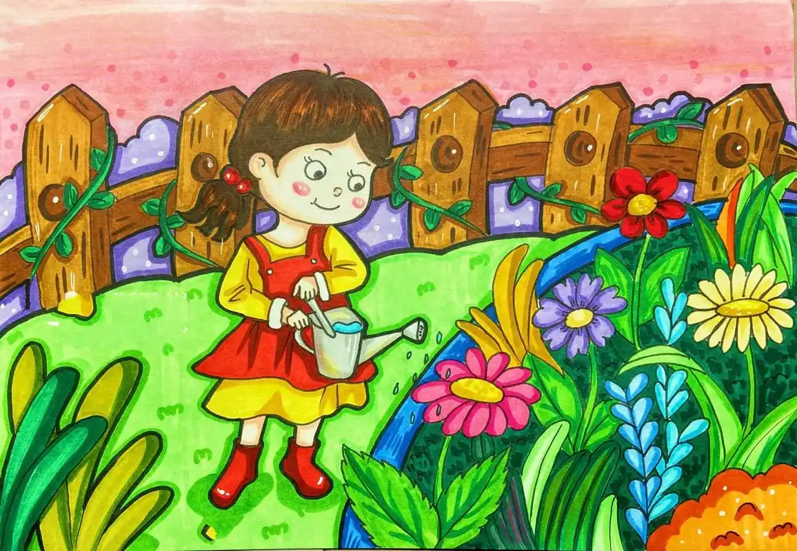 [原创]马克笔儿童画浇花的小女孩9799 马克笔儿童画卡通画简笔画