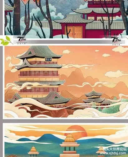 创意新古建筑中国风国潮城市海报插画扁平风印象地标psd设计素材