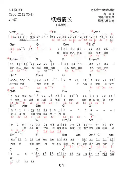 纸短情长(木棉道琴行 新四合一吉他谱)
