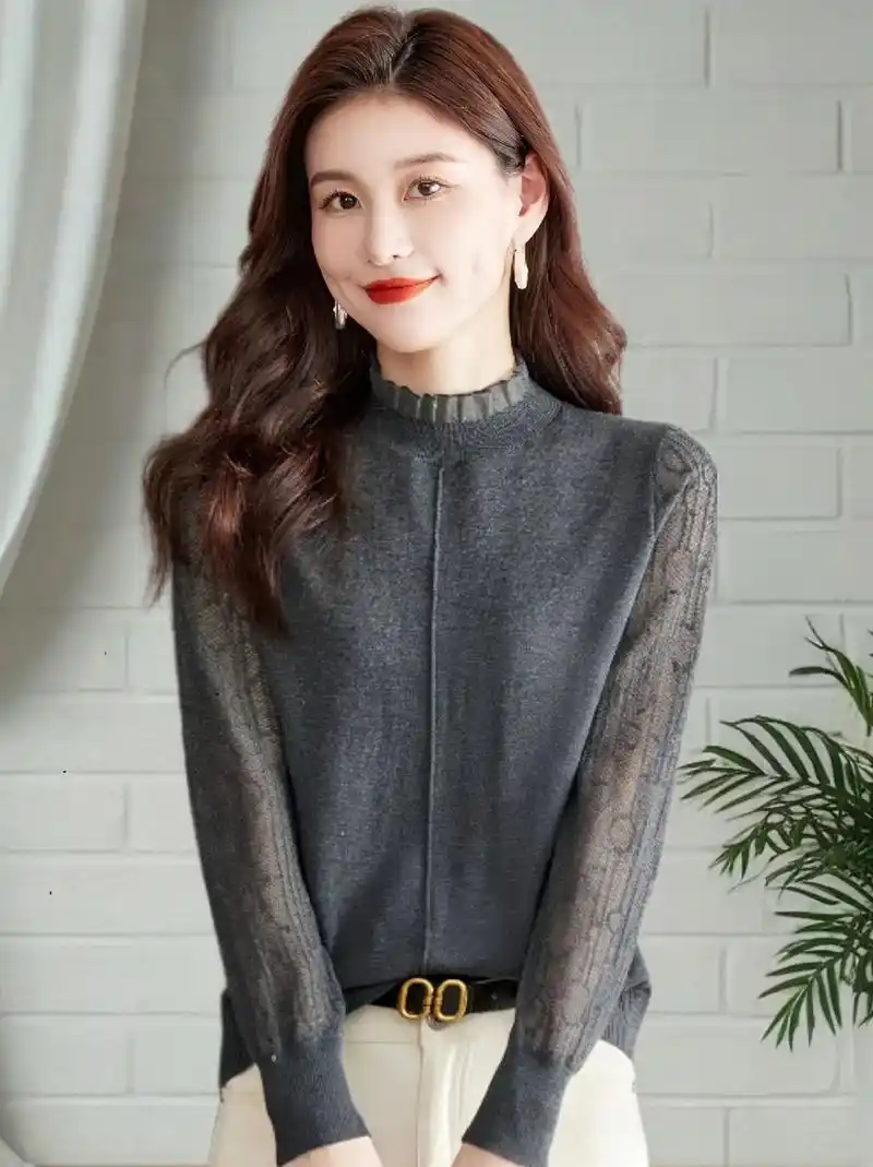 秋季新款蕾丝拼接高级感桑蚕丝爆款打底衫