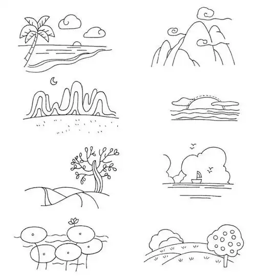 一组简单的风景简笔画风景素描图片素材