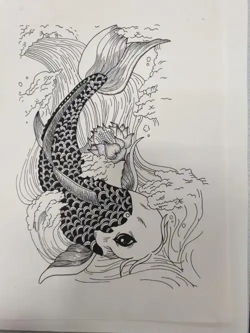 黑白装饰画原创手绘锦鲤