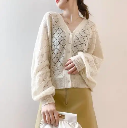 g805羊毛高端宽松外披春针织开衫女v领薄款外搭镂空新款毛衣外套