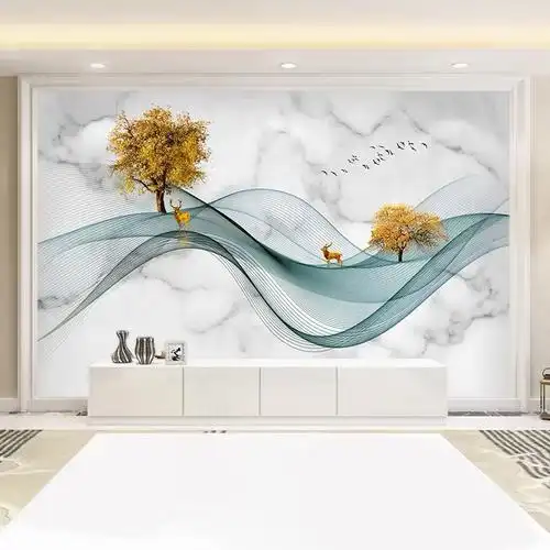 一折客厅壁纸3d立体现代中式_2021新款电视背景墙壁纸新中式麋鹿3d