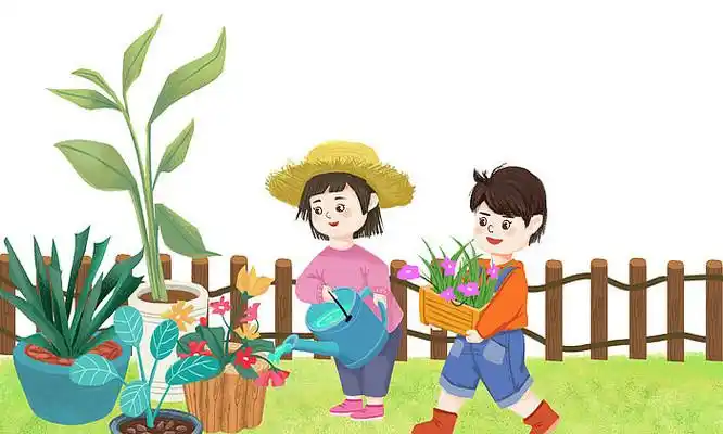 原创手绘小朋友种花浇水户外劳动素材psd