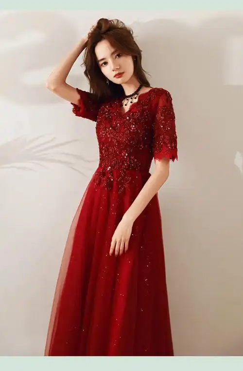 着婳新娘敬酒服宴会晚礼服敬酒服新娘结婚衣服大气优雅显瘦酒红色晚