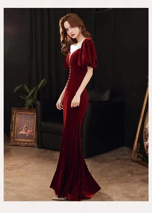 新娘敬酒服女丝绒秋冬长款红色结婚衣服订婚鱼尾修身显瘦晚礼服裙