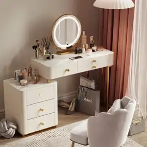 全实木书桌梳妆台一体现代简约卧室岩板化妆桌轻奢带指纹锁化妆台