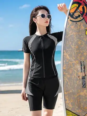 yosoci分体泳衣女三件套温泉泳装显瘦遮肚运动加大码200斤短袖五分裤