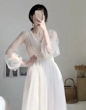 浪莎白色连衣裙夏仙气纱裙超仙森系甜美仙女复古初恋裙温柔系穿搭女