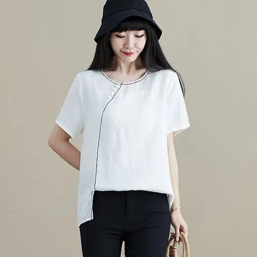 短袖女夏新款半袖宽松棉麻白色上衣薄款显瘦日系文艺亚麻盘扣t恤