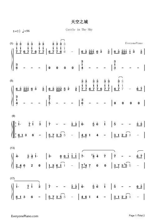 天空之城c调完美简单版双手简谱预览